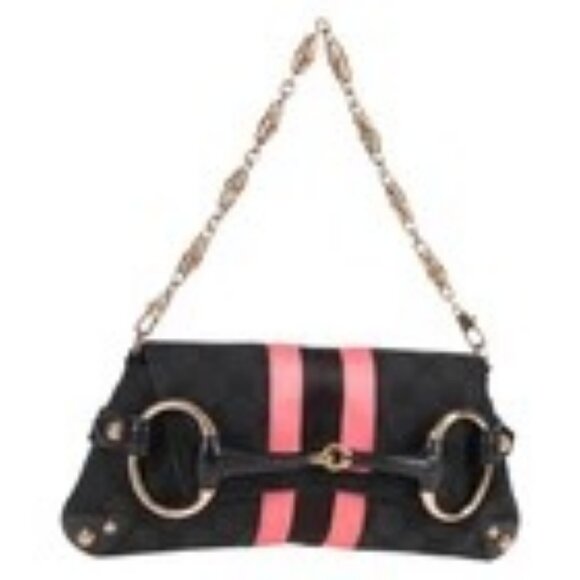 GUCCI GG Canvas Bamboo Chain Horsebit Hand Bag Black Gold 129497 Auth yk18998V - Picture 1 of 16